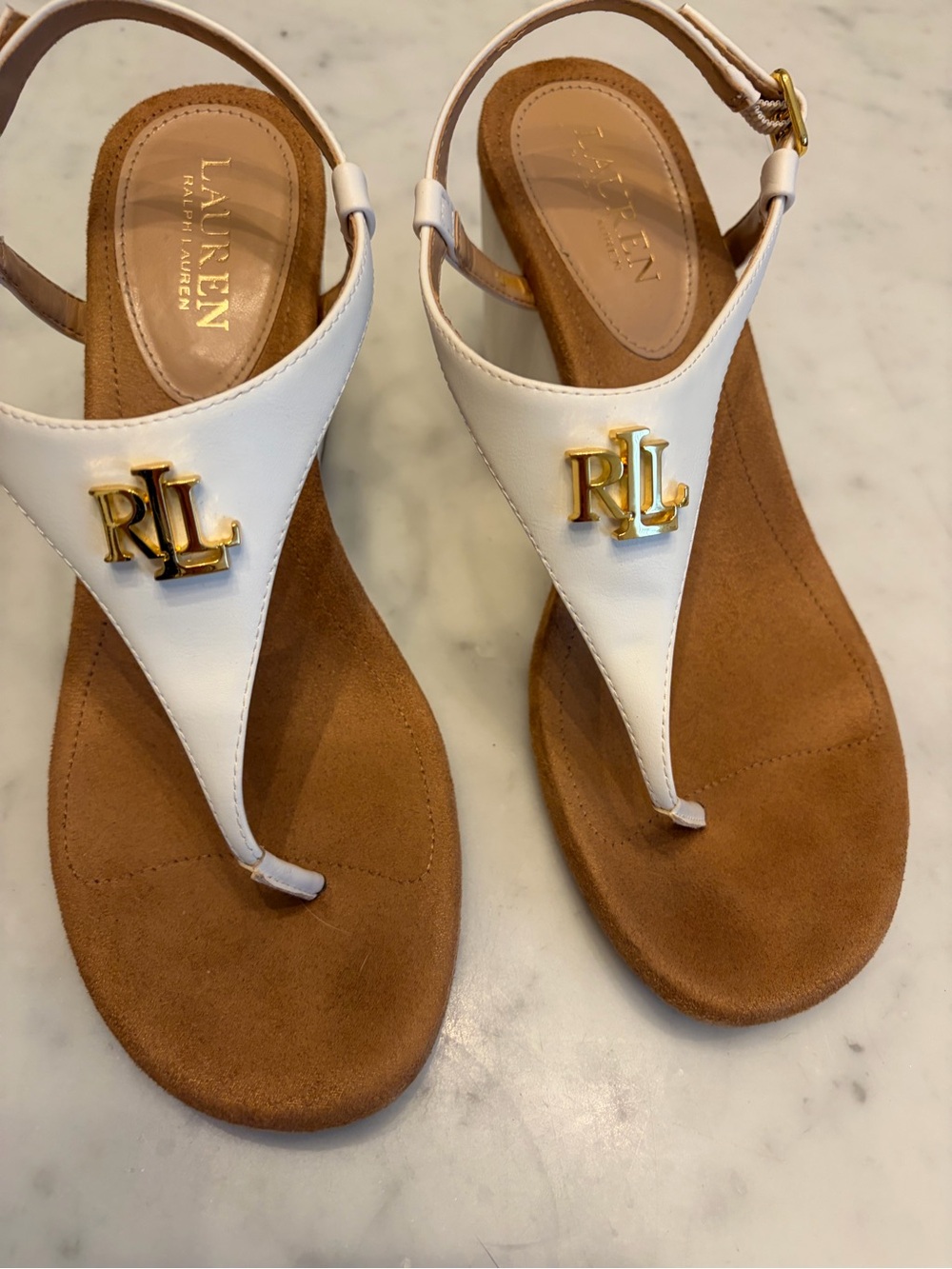 Ralph Lauren NEW Jeannie White Wedge Sandals T-Strap Thong Logo Sz 8.5 Resort - Picture 12 of 12